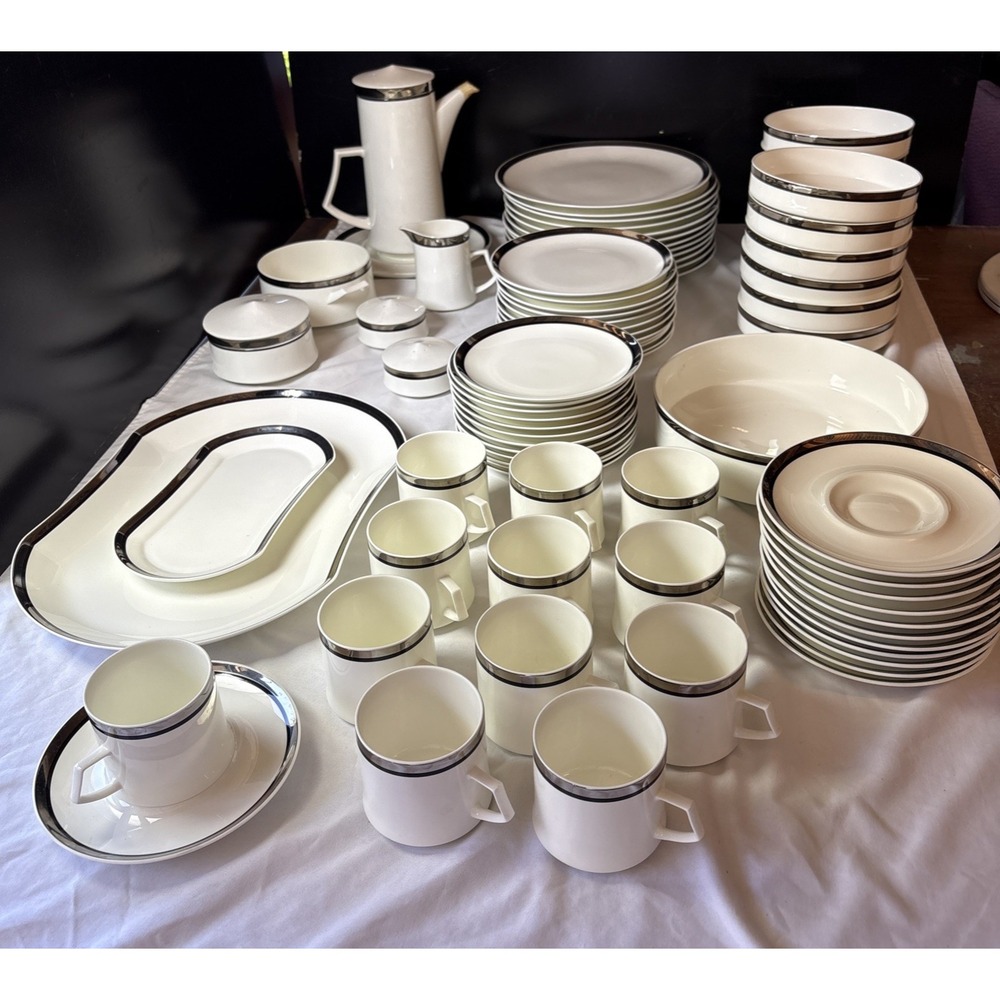 12-Setting Mikasa Solitude Bone China Japan Platinum Trim Dinnerware Set A5-166